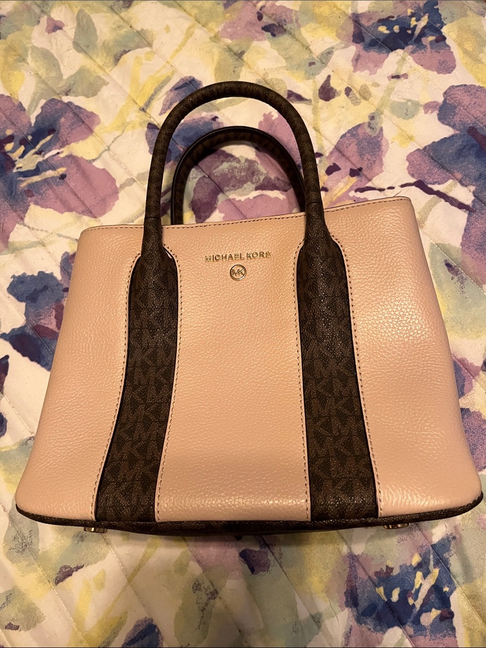 Michael Kors Blush Pink Pebbled Tote with Brown Signature Straps